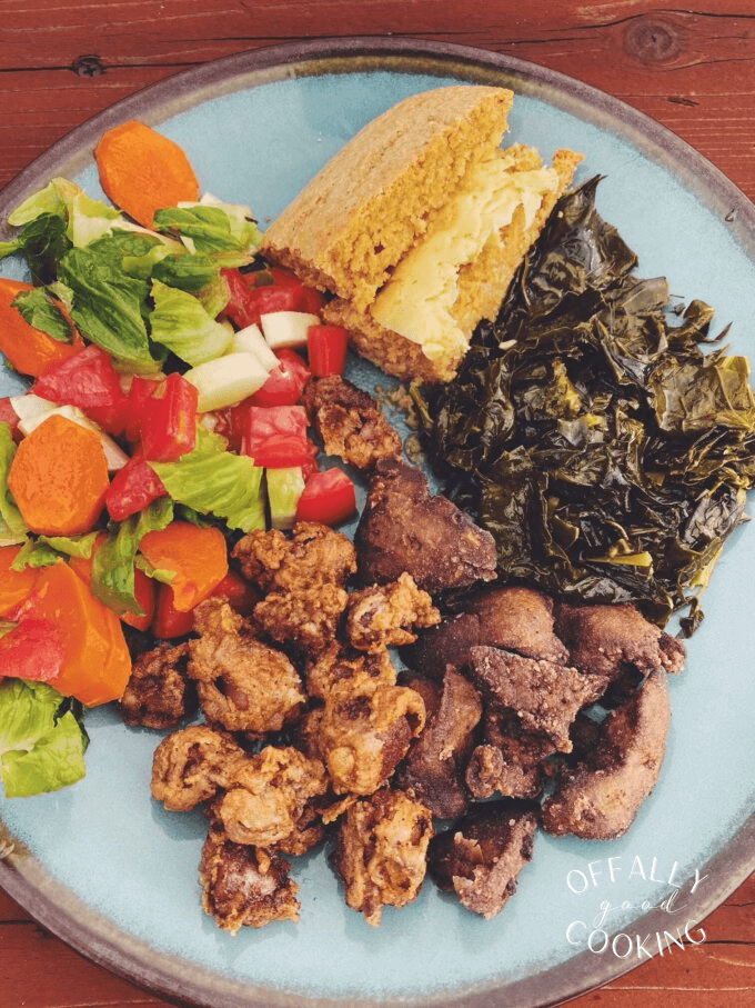Deep-Fried Chicken Gizzards and Livers w/ Collards & Corn Bread